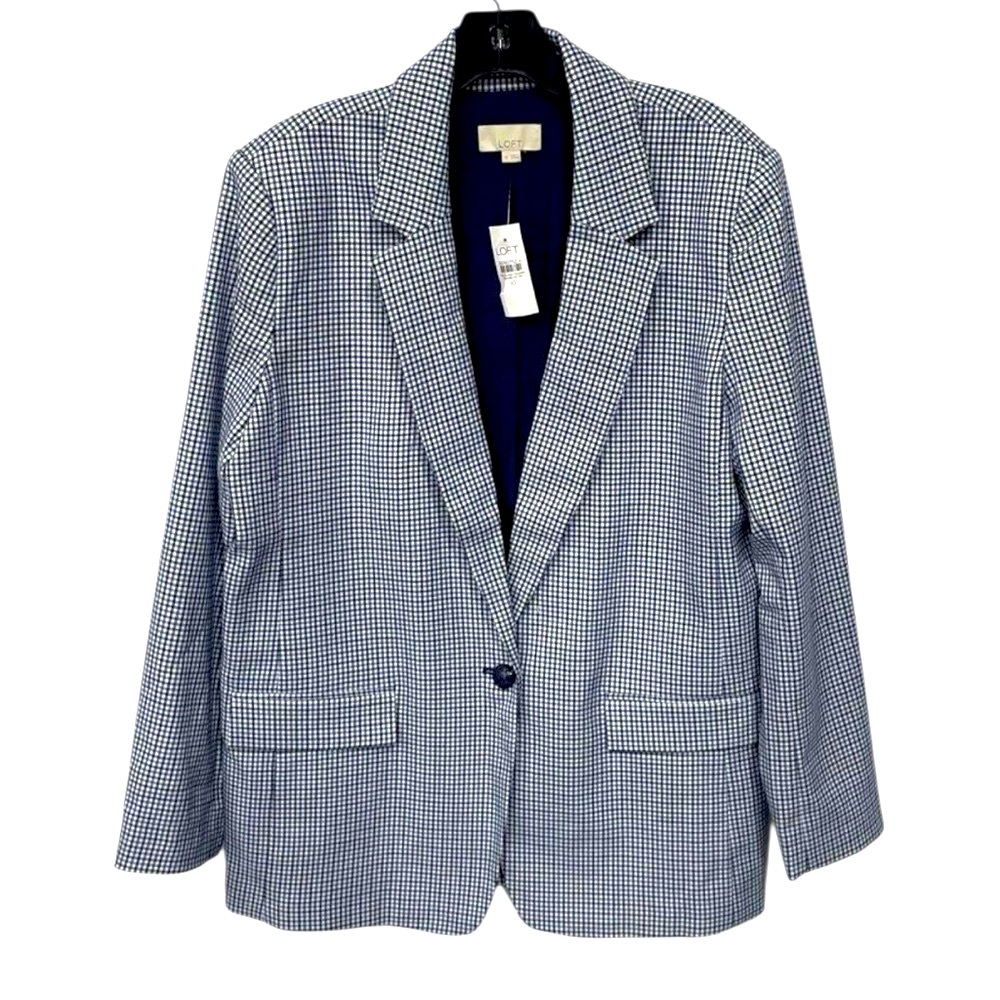 Ann Taylor Loft NWT Relaxed Modern Houndstooth Blazer in Blue & Black Plaid 10 - Picture 3 of 15